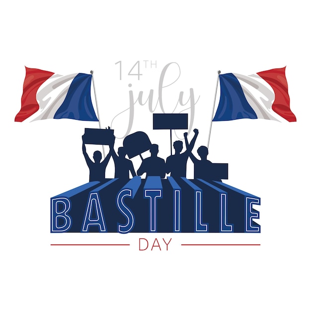 Silhouette of people celebratin with flags Bastille day celebration Vector