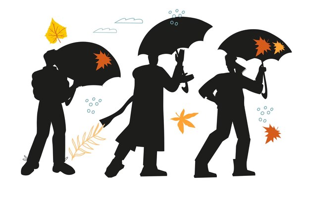 Silhouette of people walking in the rain with umbrellas among autumn yellow leaves vector isolated on a white background