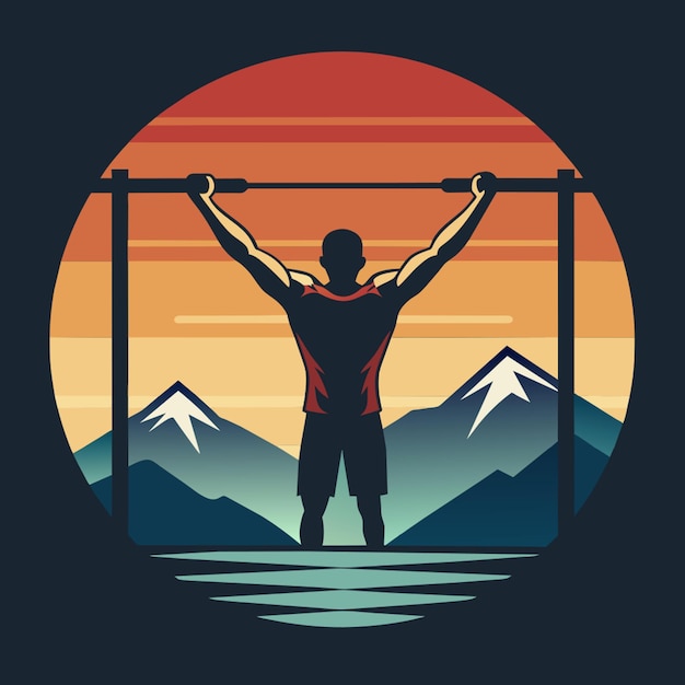 silhouette person doing pullups bar retro tshirt design vector illustration flat 2