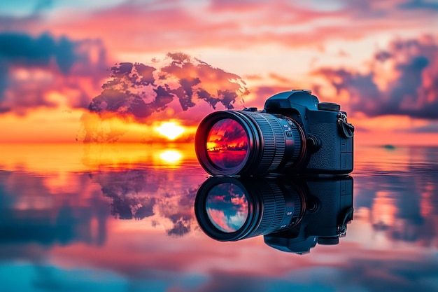 Vector silhouette of a photographer on the beach during sunset moment world photography day social media