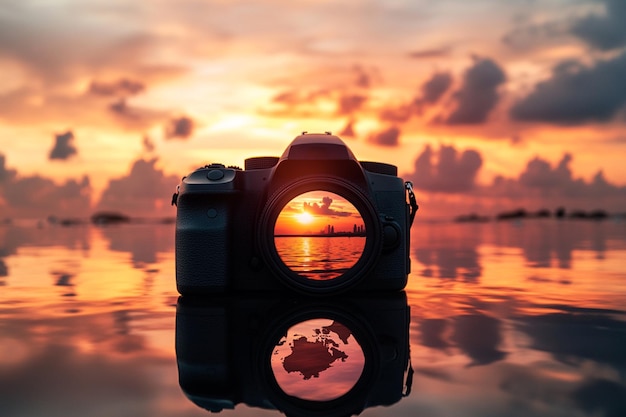 Vector silhouette of a photographer on the beach during sunset moment world photography day social media