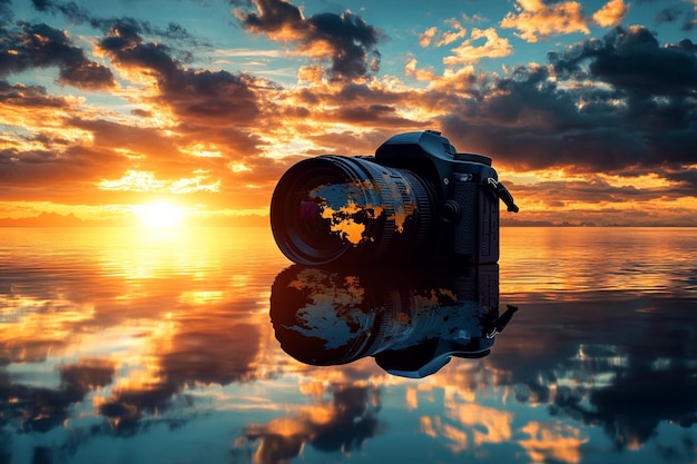 Vector silhouette of a photographer on the beach during sunset moment world photography day social media