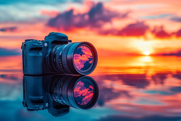 Vector silhouette of a photographer on the beach during sunset moment world photography day social media