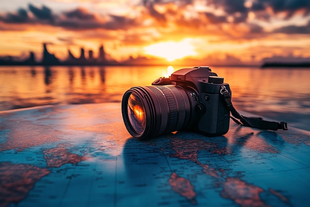 Vector silhouette of a photographer on the beach during sunset moment world photography day social media