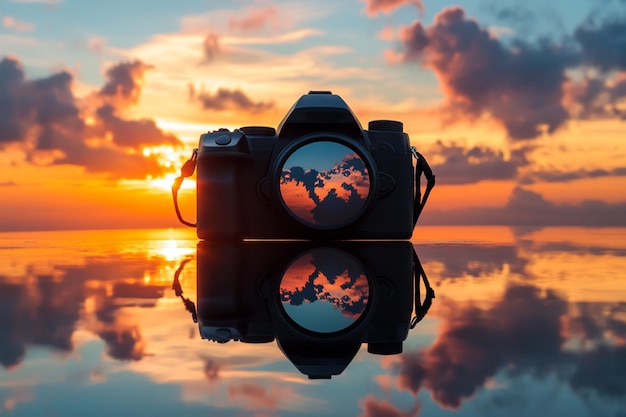 Vector silhouette of a photographer on the beach during sunset moment world photography day social media