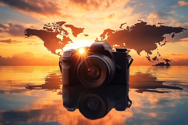 Vector silhouette of a photographer on the beach during sunset moment world photography day social media