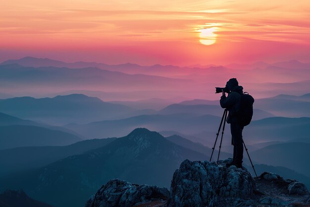 Vector silhouette of the photographer on a hillside on a background of clouds