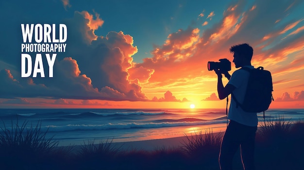 Silhouette of photographer with DSLR at sunset by ocean