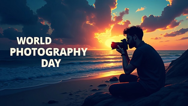 Silhouette of photographer with DSLR at sunset by ocean