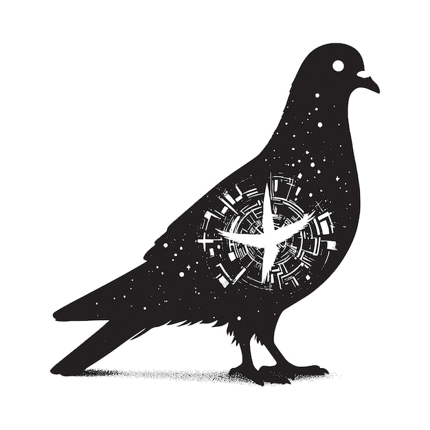 silhouette of Pigeon filled with space and scifi element in rough drawing