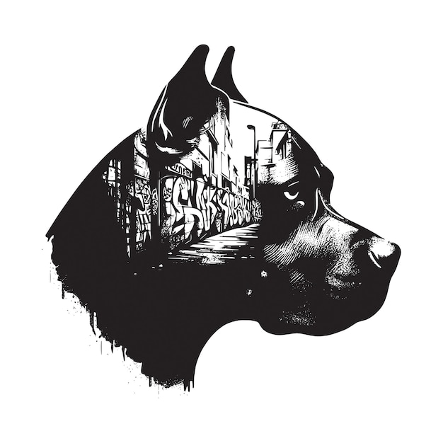 Vector silhouette of pitbull filled with graffiti street wall in rough drawing