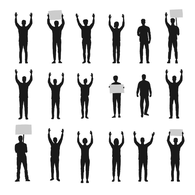 Silhouette of protesting people with hands up vector set