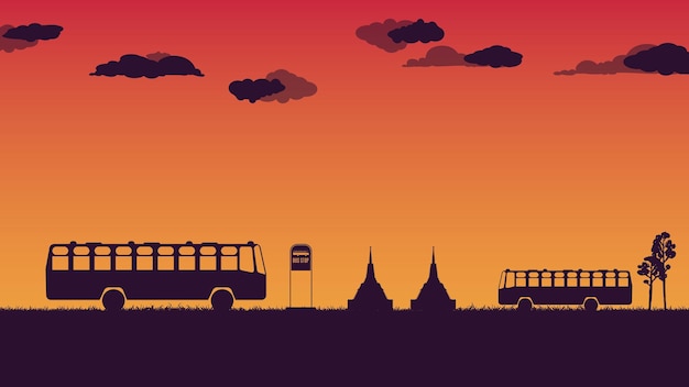 Silhouette of public bus and bus stop sign at Thailand on gradient background