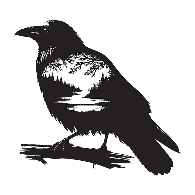 Vector silhouette of raven filled with river view in rough drawing