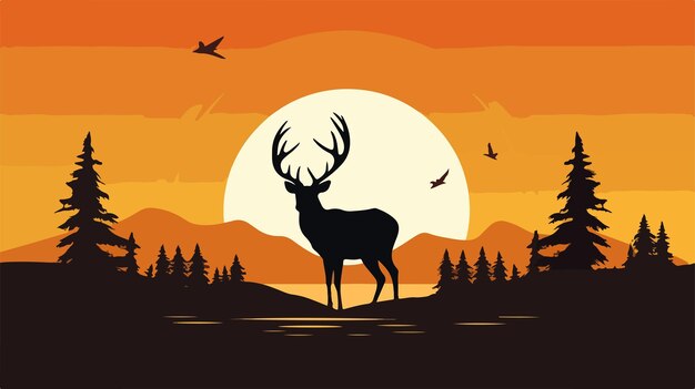 Vector silhouette of reindeer at sunset vector design