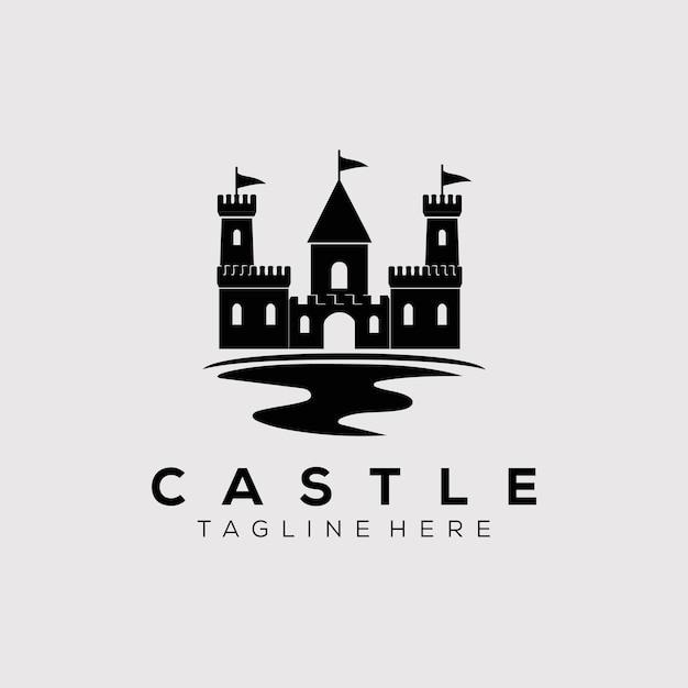 silhouette river castle logo vector illustration design