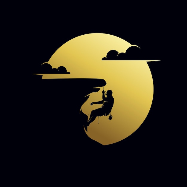 Silhouette of rock climbing man with moon vector graphics