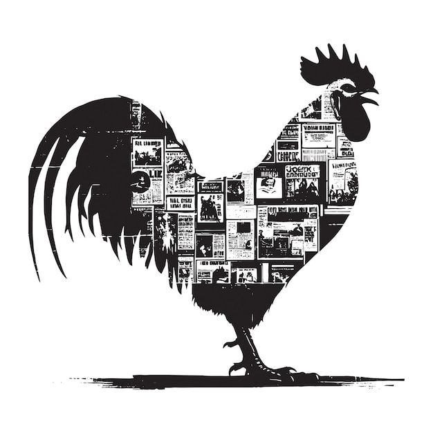 Vector silhouette of rooster filled with vintage punks poster collage wall in rough drawing