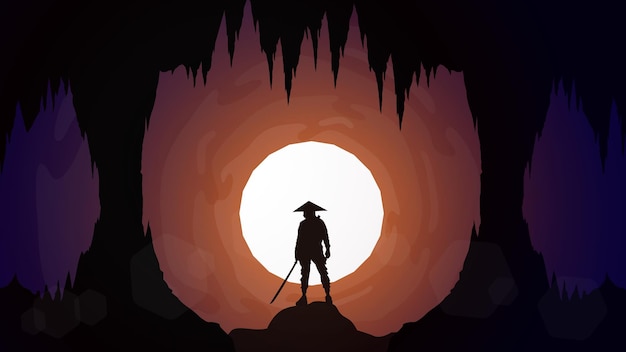 silhouette of a samurai in the night cave. Japanese samurai warrior with a sword. Samurai Background