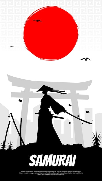 A silhouette of a samurai with a red sun in the background.