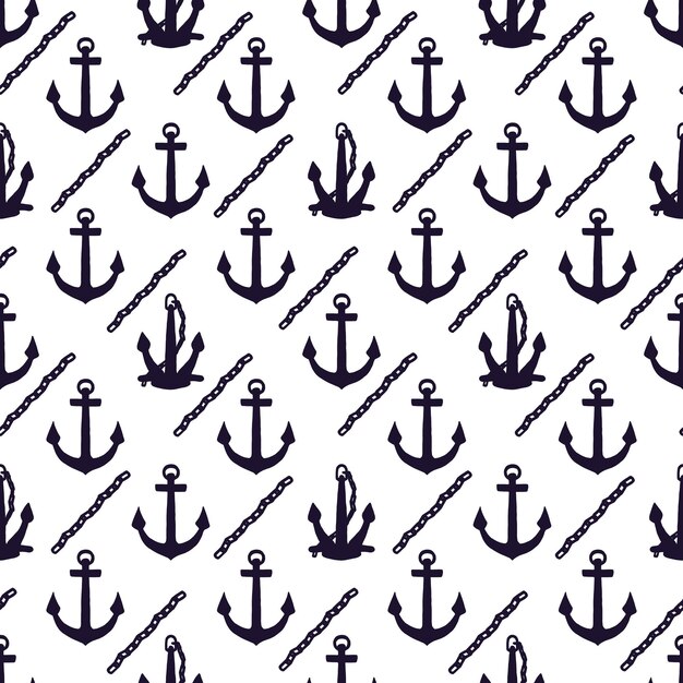 Silhouette seamless pattern of anchors with iron chain Vector black doodle sketch illustration on white background