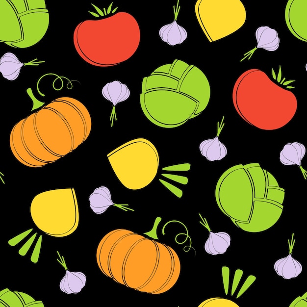 Silhouette seamless vegetable pattern vector flat illustration. Fresh food black pattern in natural colors with autumn vegetable seamless element for healthy vegetarian menu or organic fabric print