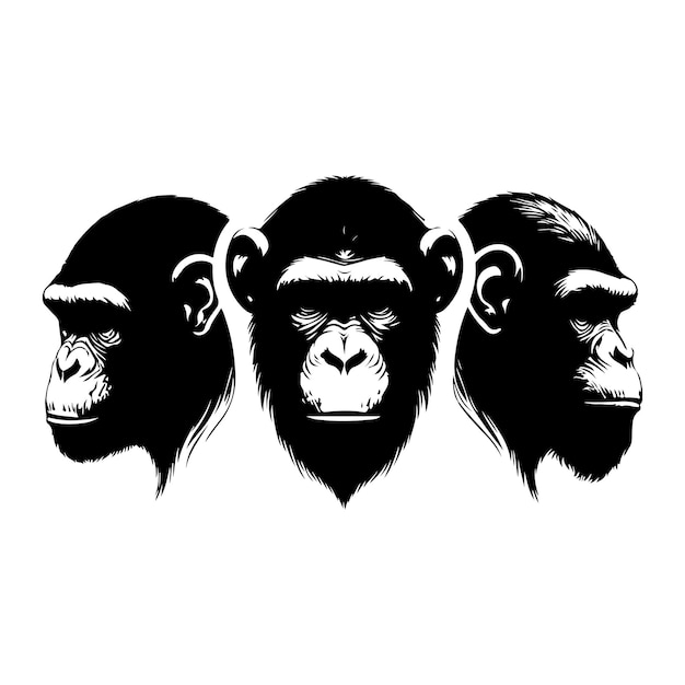 Silhouette set of ape animal head Vector isolated illustration