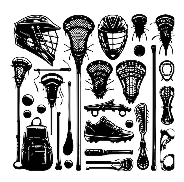 Vector silhouette set of lacrosse equipment set lacrosse player sportvector illustration