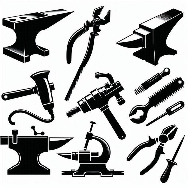 Vector silhouette set of tools used in metalwork construction such as a metal cutting saw anvil and weld