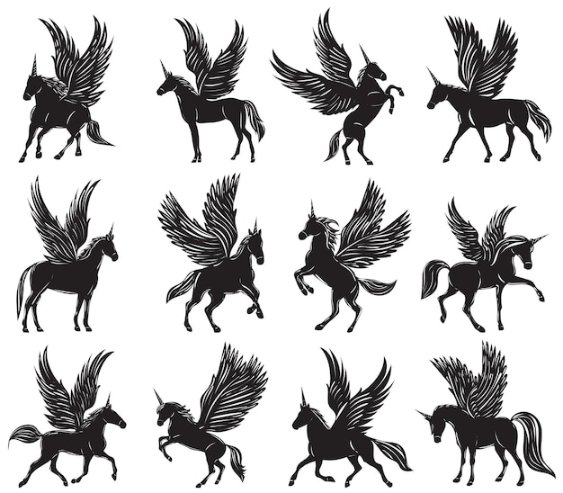 Silhouette set of unicorns on white background vector