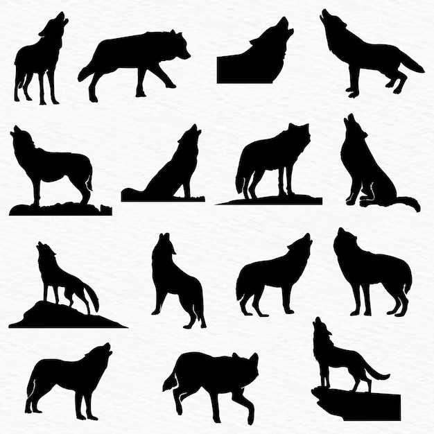 Silhouette set of wolf howling walking sitting on white paper textured background