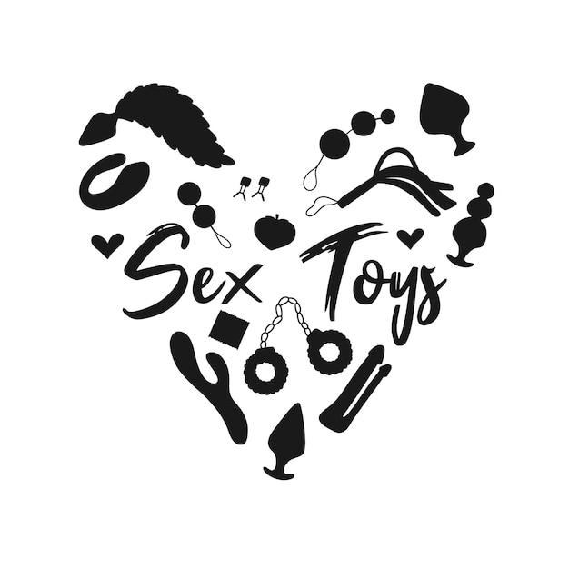 Vector silhouette sex toys poster for sex shop toys for adults heart print for an adult store vibrators vaginal beads whip butt plugs vector illustration