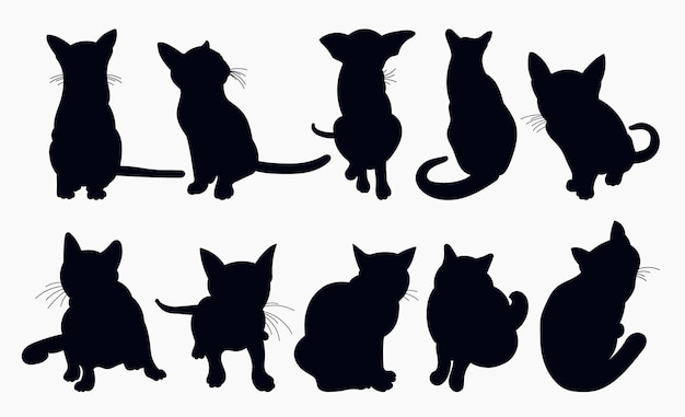 Silhouette of sitting cats in different positions hand drawn pack of pet shapes and figures vector