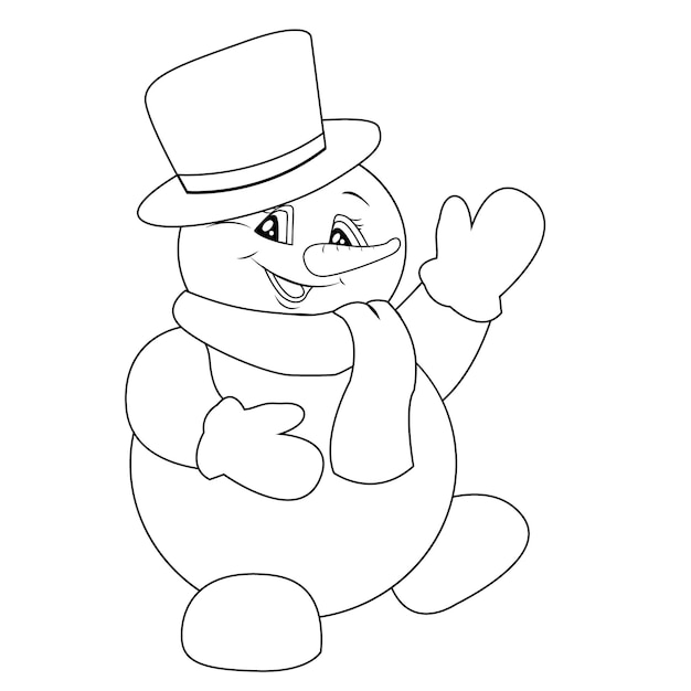 Silhouette of a snowman in a hat mittens and scarf New Year Smiling and waving