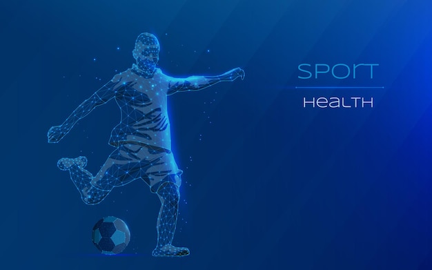 Silhouette of soccer player playing with ball in wireframe style