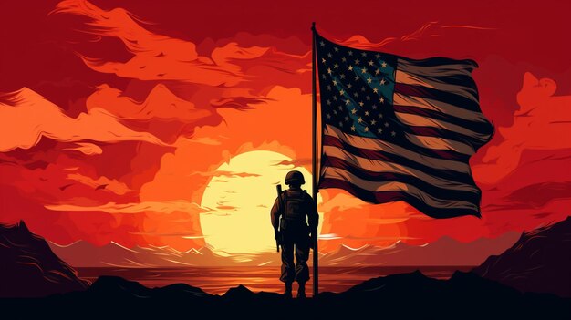 a silhouette of a soldier holding a flag with the sun behind him