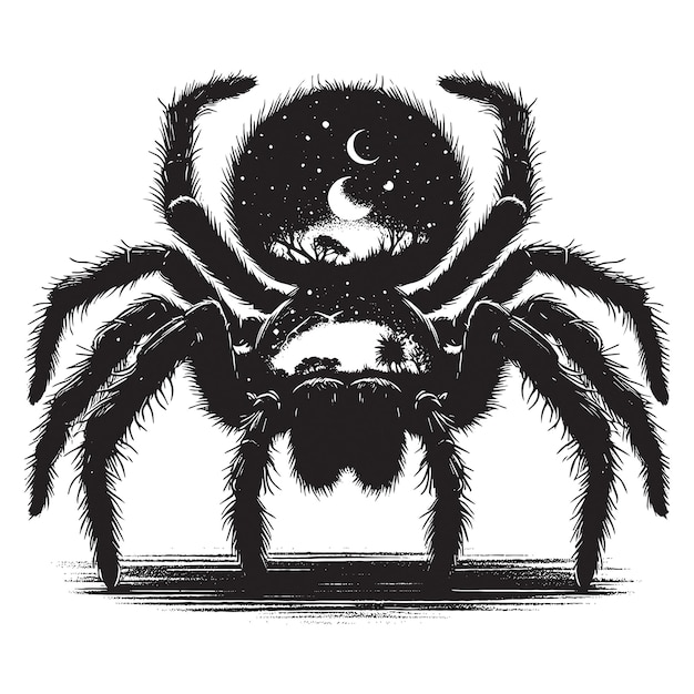 Vector silhouette of spider filled with nature night view in rough drawing animal