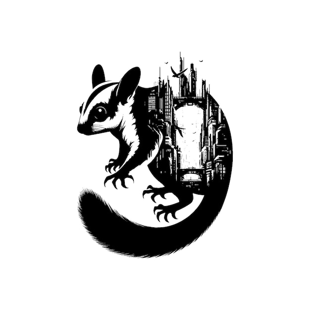 Vector silhouette of sugar glider filled with destroyed futuristic dystopia environment in rough drawing