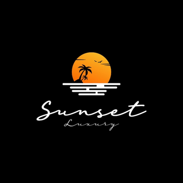 Silhouette of sunset or sunrise logo on black background luxury design