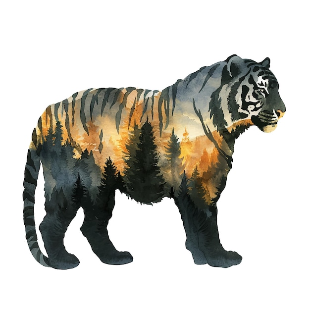 silhouette tiger with forest vector illustration in watercolour style