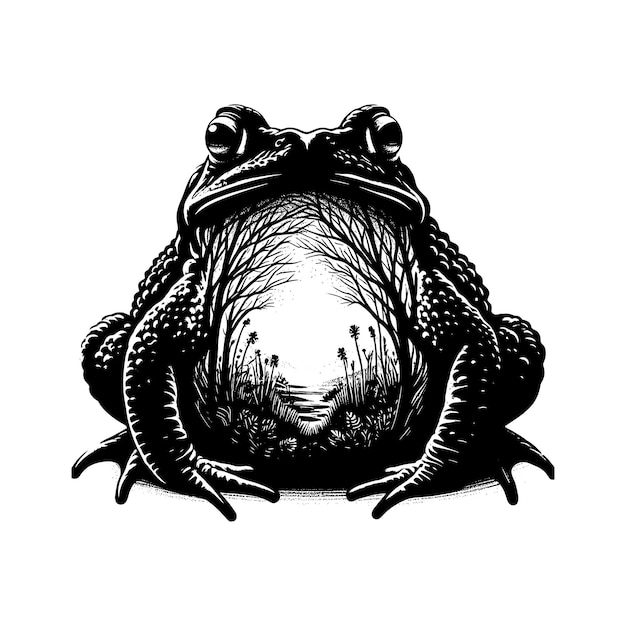 Vector silhouette of toad filled with nature view in rough drawing animal