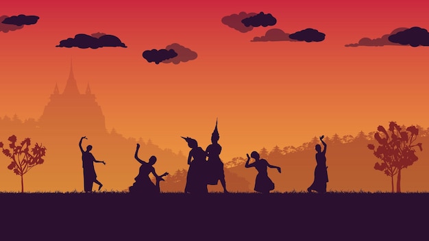 Silhouette of traditional Thai Dance on gradient background