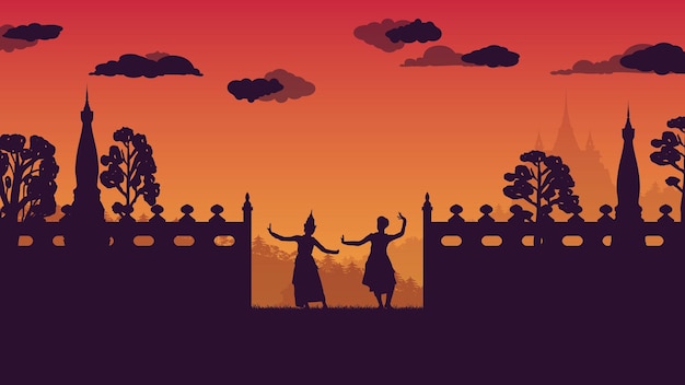 Silhouette of traditional Thai Dance and wall ancient temple on gradient background