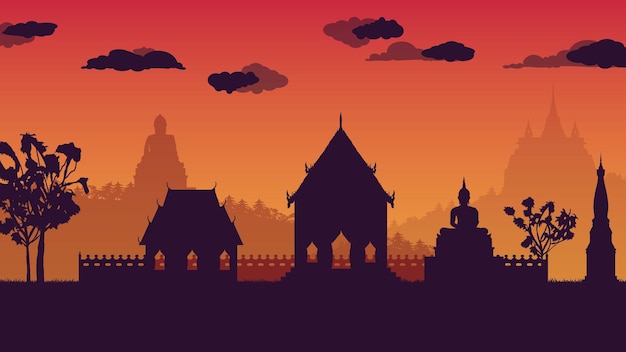 Silhouette of traditional Thai temple on gradient background