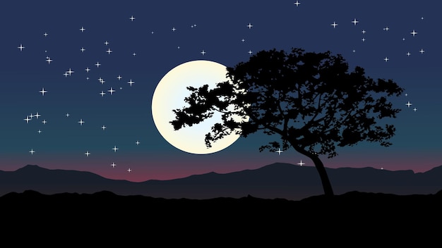 A silhouette of a tree against a night sky with the moon in the background.