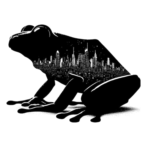 Vector silhouette of tree frog filled with cityline in rough drawing animal