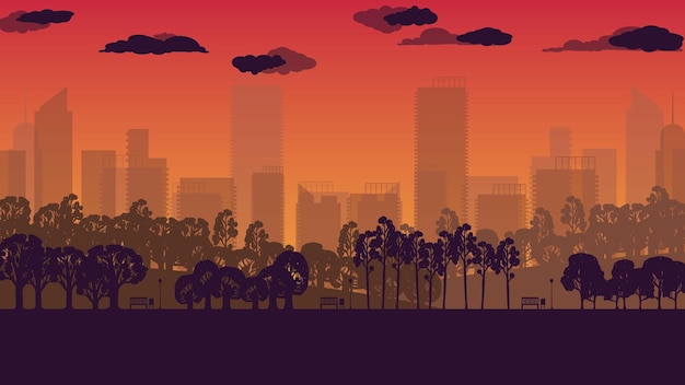 Silhouette tree in the park and city town background on gradient background