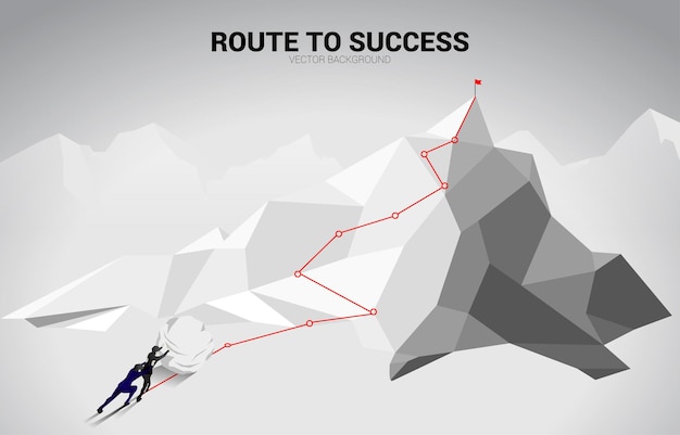 Vector silhouette of two businessman pushing the big rock to the top of mountain concept of business challenge and teamwork