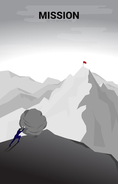 Silhouette of two businessman pushing the big rock to the top of mountain concept of business challenge and teamwork