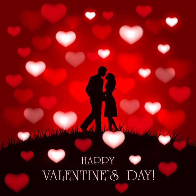 Vector silhouette of two enamored on red valentines background with hearts, illustration.